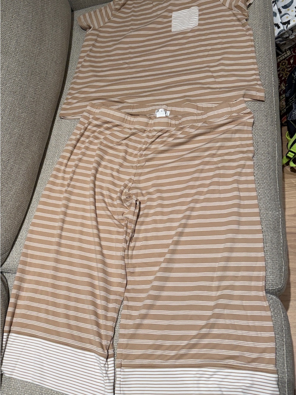 Women’s Striped Tan & Cream Pajama Set — Short Sleeve + Pants